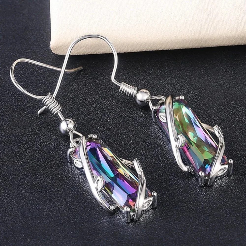 "Colorful Crystal Clear Delicate Silver Plated Colorful Dangle Earrings, VP1008 - Picture 2 of 5